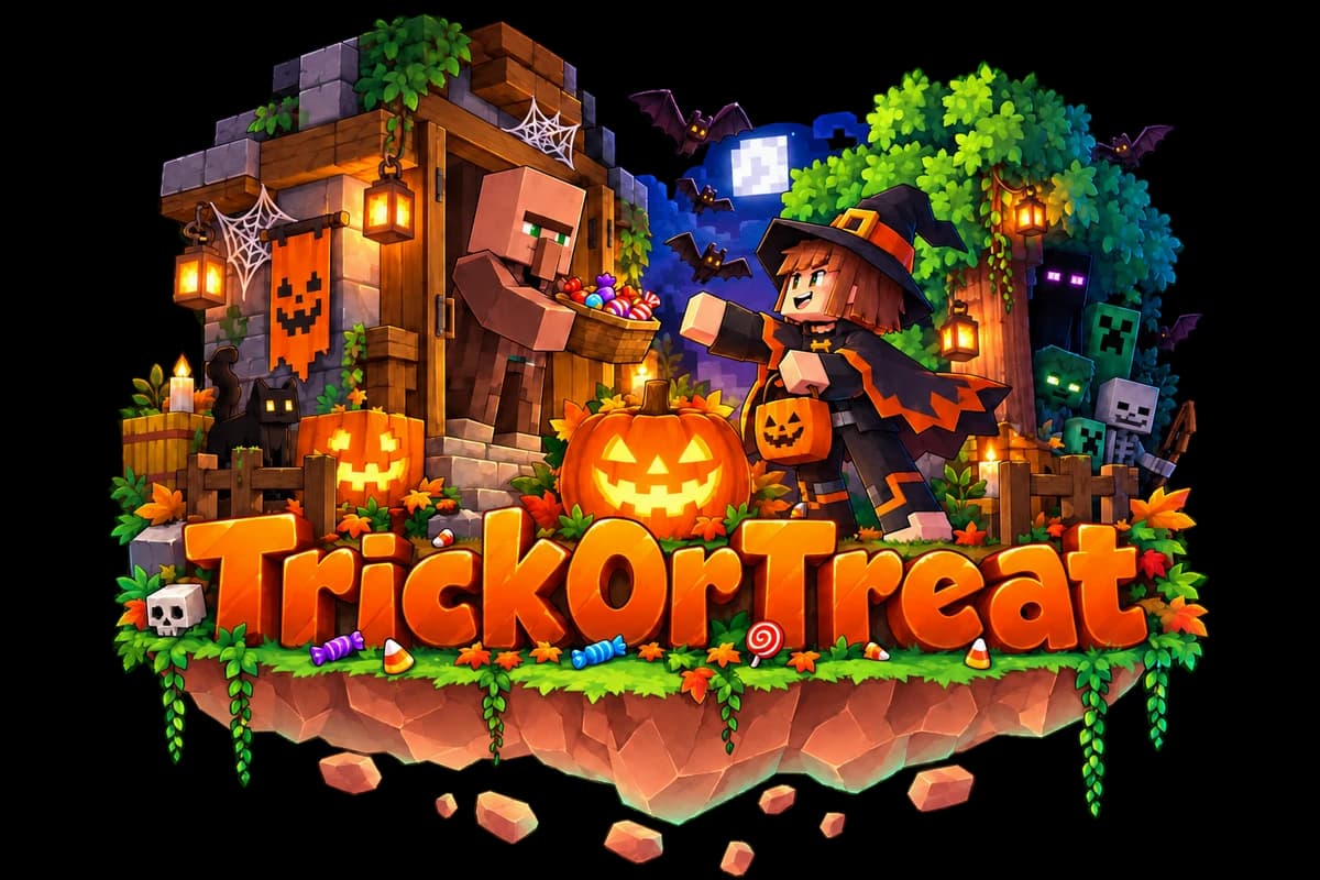 TrickOrTreat Halloween island with a costumed visitor, glowing pumpkins and a resident handing out sweets