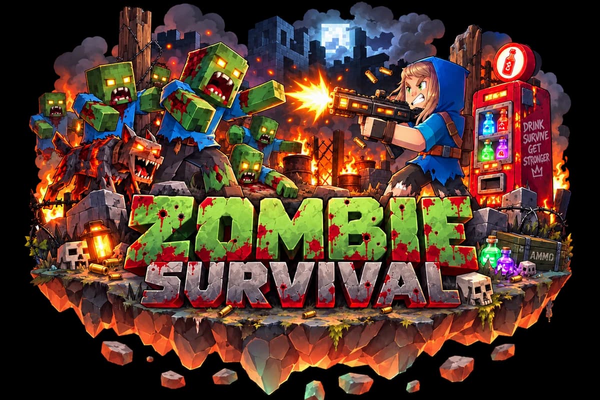 ZombieSurvival island with a survivor fighting a zombie horde, a perk machine and a burning fortress
